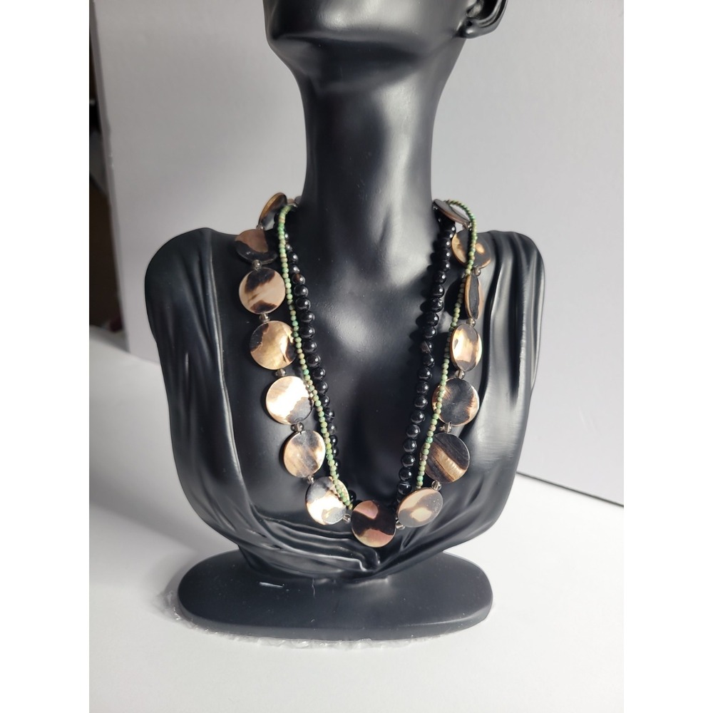 Multi Strand Shell Disc Necklace 925 Sterling‎ Clasp Black Bead Boho Artisan